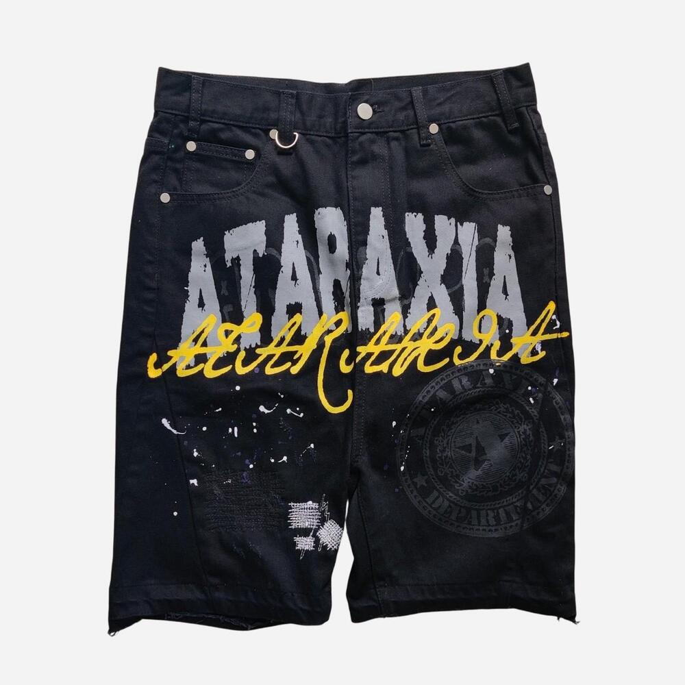 Black cotton cargo shorts with yellow & white 'ATRAXIA' text graphic and circula